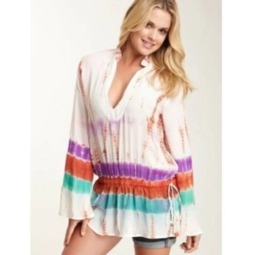 Monique Leshman Tie Dyed Orange Purple Aqua Boho Drawstring Tunic Medium - Picture 1 of 10